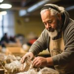 Food bank volunteer packing boxes.